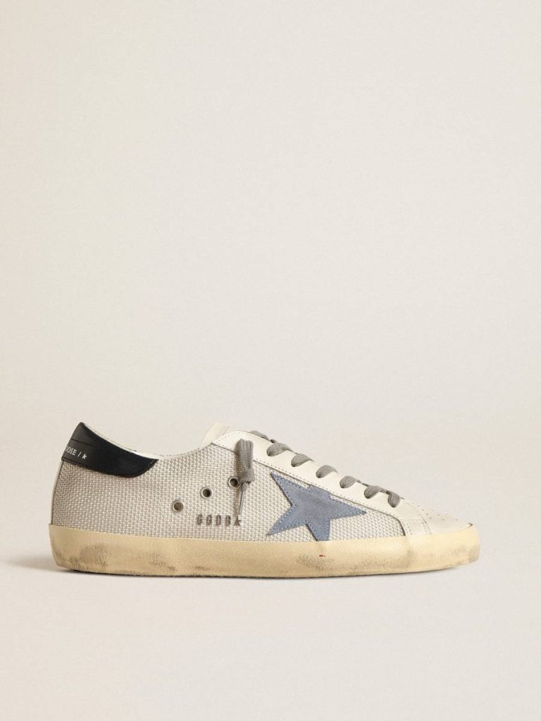 Men Super-Star Golden Goose Super-Star In Pale Silver Mesh With Light Blue Suede Star - 1