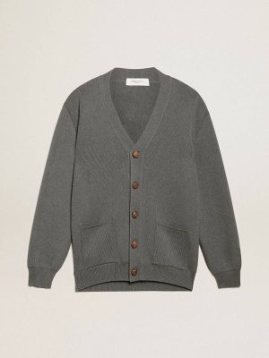 Men's Cardigan In Mélange Gray Cotton With Logo On The Back Golden Goose Knitwear Men Dark Gray Melange - 1