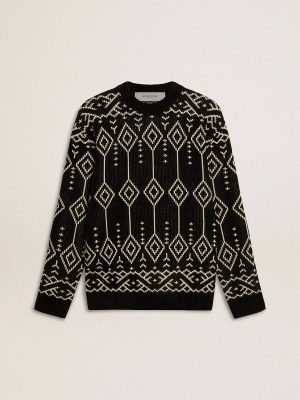 Men’s Crew Neck Wool Blend Sweater With Jacquard Argyle Design Men Knitwear Black Golden Goose - 1