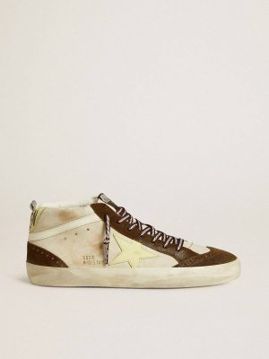 Men's Mid Star In Beige Glitter With Yellow Suede Star And Cotton Flash Men Golden Goose Mid Star - 1