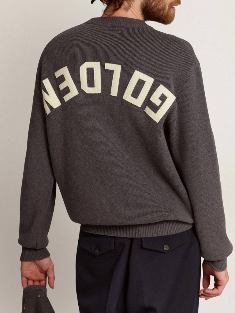 Men's Round-Neck Sweater In Dark Gray Cotton With Logo On The Back Golden Goose Men Knitwear Dark Gray Melange - 4