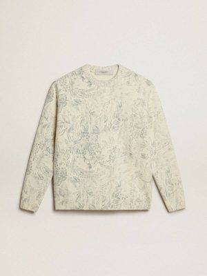 Men’s Round-Neck Sweater In Wool With All-Over Toile De Jouy Pattern Golden Goose Heritage White Men Knitwear - 1