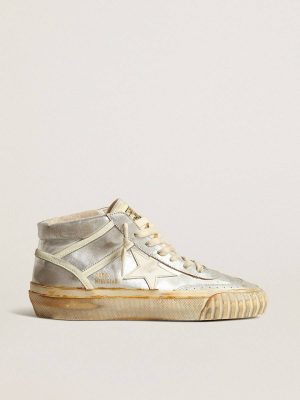 Mid Star Golden Goose Men’s Mid Star In Silver Metallic Leather With Ivory Star Men - 1