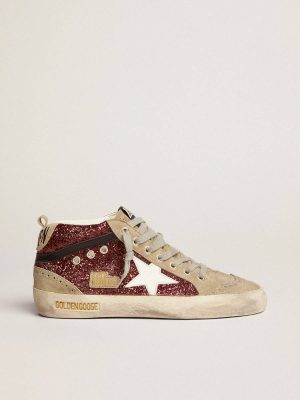 Mid Star Golden Goose Women's Mid Star In Burgundy Glitter With Gray Inserts And White Star Women - 1