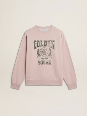 Old Rose Women Golden Goose Old Rose Unisex Round Neck Sweatshirt With Green Logo Print Sweatshirts - 1