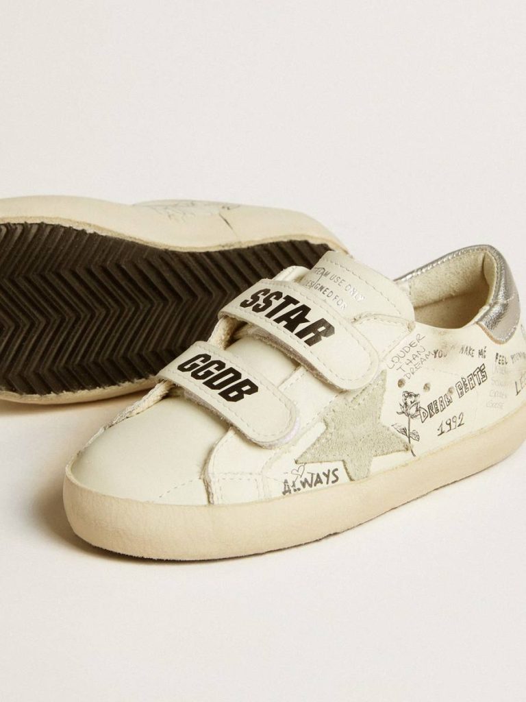 Old School Young With Suede Star And Metallic Leather Heel Tab Kids Golden Goose Boys (4-10 Years) White With All-Over Multicolored Lettering - 3