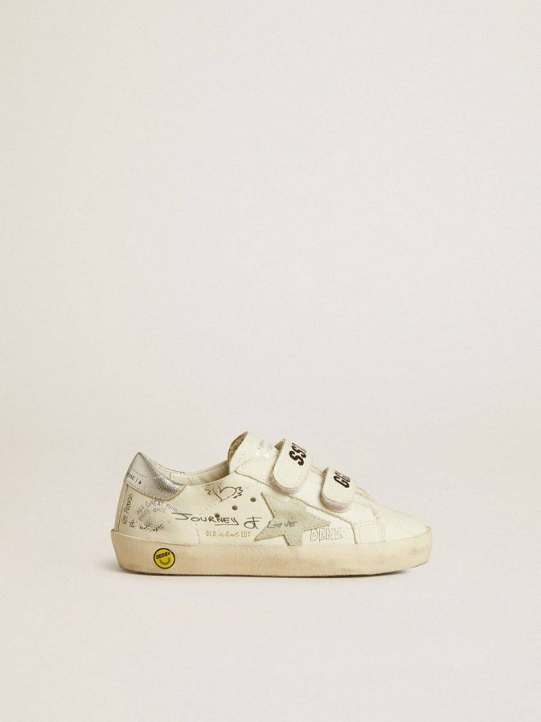 Old School Young With Suede Star And Metallic Leather Heel Tab Kids Golden Goose Boys (4-10 Years) White With All-Over Multicolored Lettering - 1