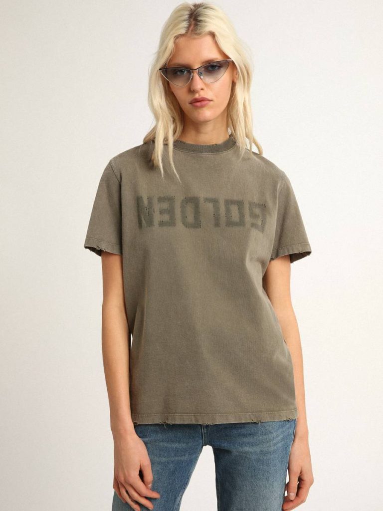 Olive-Green Regular-Fit T-Shirt With Golden Lettering On The Front Women Olive Green Golden Goose T-Shirts & Tops - 2