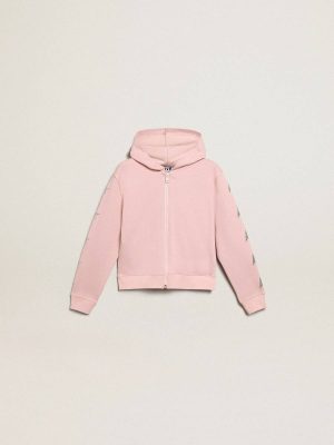 Pink Kids Topwear Selection (4-12 Years) Pink Sweatshirt With Hood And Silver Glitter Stars Golden Goose - 1