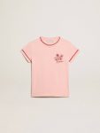 Pink T-Shirt With Red Trim And Embroidered Flower On The Heart Golden Goose Pink Topwear Selection (4-12 Years) Kids - 1
