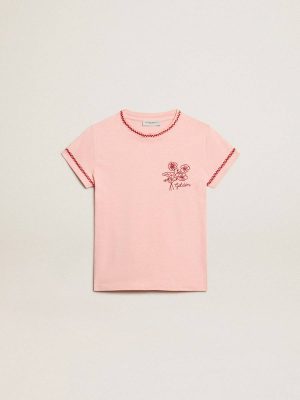 Pink T-Shirt With Red Trim And Embroidered Flower On The Heart Golden Goose Pink Topwear Selection (4-12 Years) Kids - 1
