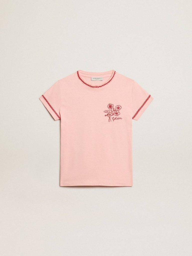 Pink T-Shirt With Red Trim And Embroidered Flower On The Heart Golden Goose Pink Topwear Selection (4-12 Years) Kids - 1