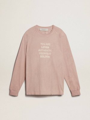 Powder Pink Powder-Pink T-Shirt With White Lettering On The Front Men Golden Goose T-Shirts & Polo Shirts - 1