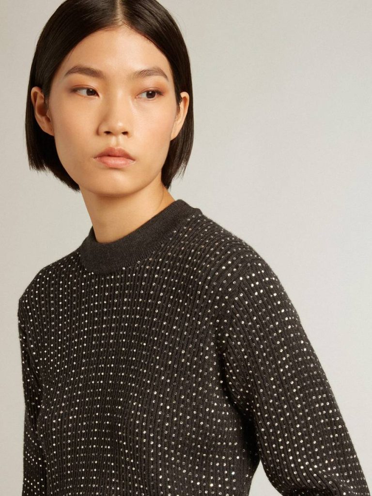 Round-Neck Sweater In Merino Wool With All-Over Crystals Women Golden Goose Knitwear Dark Gray Melange - 2