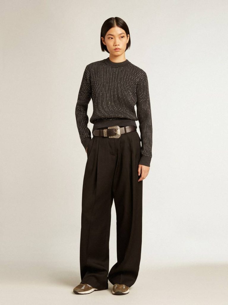 Round-Neck Sweater In Merino Wool With All-Over Crystals Women Golden Goose Knitwear Dark Gray Melange - 3