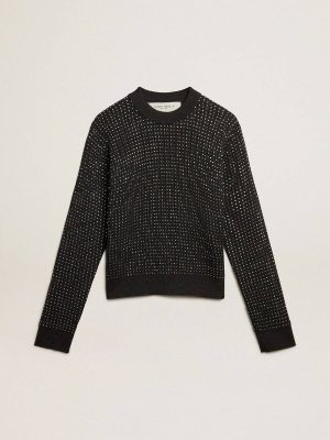 Round-Neck Sweater In Merino Wool With All-Over Crystals Women Golden Goose Knitwear Dark Gray Melange - 1