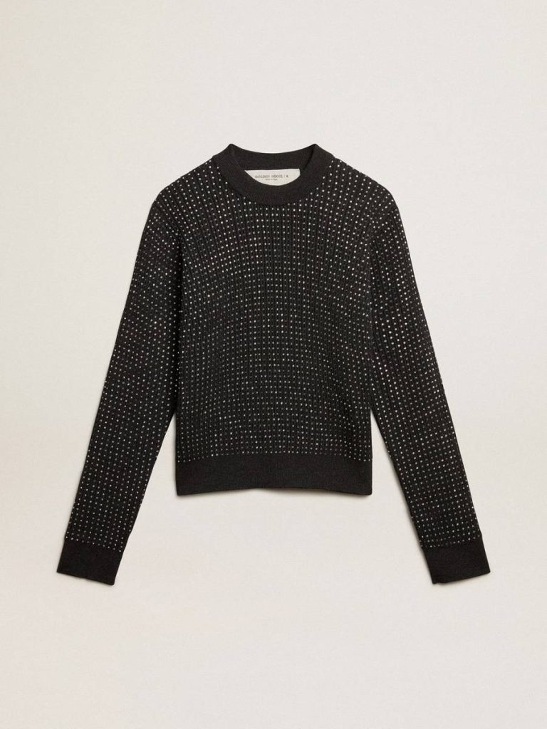 Round-Neck Sweater In Merino Wool With All-Over Crystals Women Golden Goose Knitwear Dark Gray Melange - 1