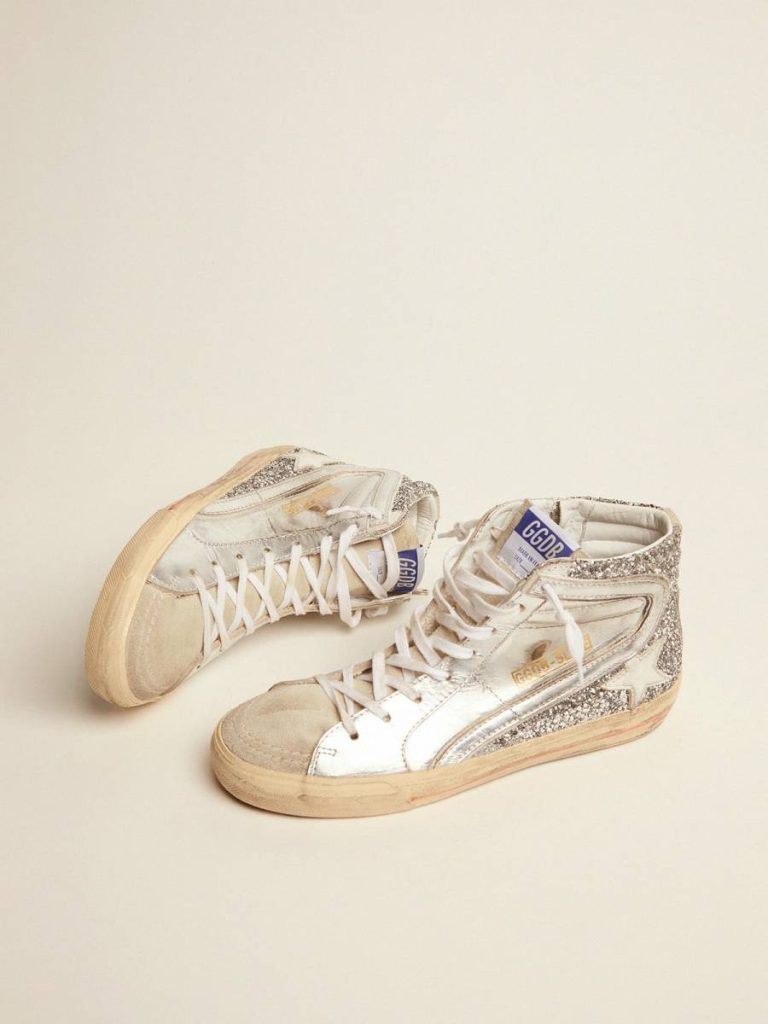 Silver Slide Women's Slide With Laminated Leather Upper And Silver Glitter Golden Goose Women - 2