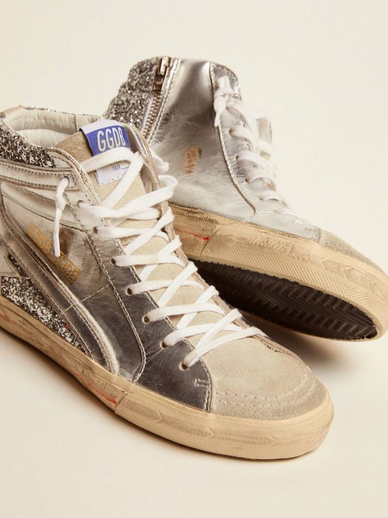 Silver Slide Women's Slide With Laminated Leather Upper And Silver Glitter Golden Goose Women - 4