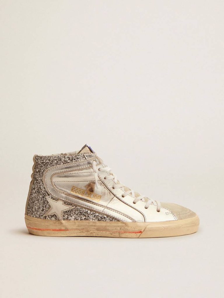 Silver Slide Women's Slide With Laminated Leather Upper And Silver Glitter Golden Goose Women - 1