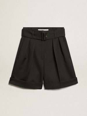 Skirts & Shorts Women Black Women's Shorts In Black Wool Gabardine With Waist Belt Golden Goose - 1