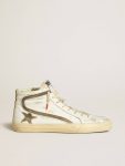 Slide Golden Goose Men Men’s Slide Lab In White Leather With Star And Flash In Brown Suede - 1