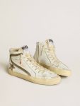 Slide Golden Goose Men Men’s Slide Lab In White Leather With Star And Flash In Brown Suede - 2