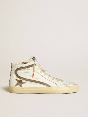 Slide Golden Goose Men Men’s Slide Lab In White Leather With Star And Flash In Brown Suede - 1