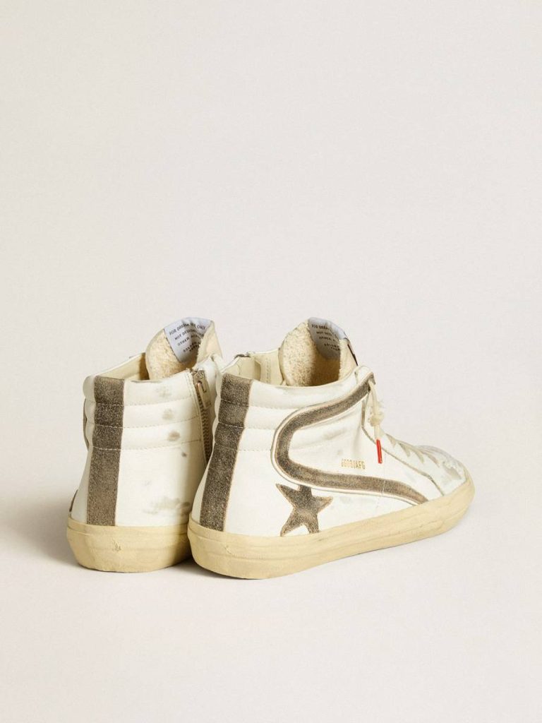 Slide Golden Goose Men Men’s Slide Lab In White Leather With Star And Flash In Brown Suede - 4