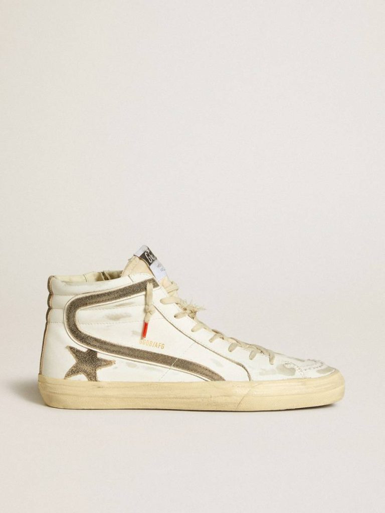Slide Golden Goose Men Men’s Slide Lab In White Leather With Star And Flash In Brown Suede - 1