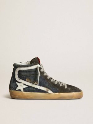 Slide In Midnight-Blue Denim With White Leather Star Women Slide Golden Goose - 1