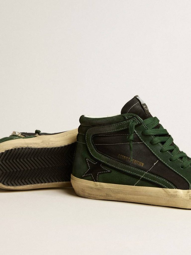 Slide Men Golden Goose Slide Ltd In Green Suede And Black Canvas With Suede Star And Flash - 3