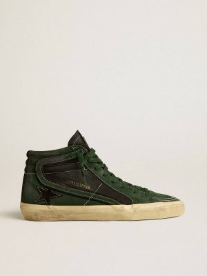 Slide Men Golden Goose Slide Ltd In Green Suede And Black Canvas With Suede Star And Flash - 1
