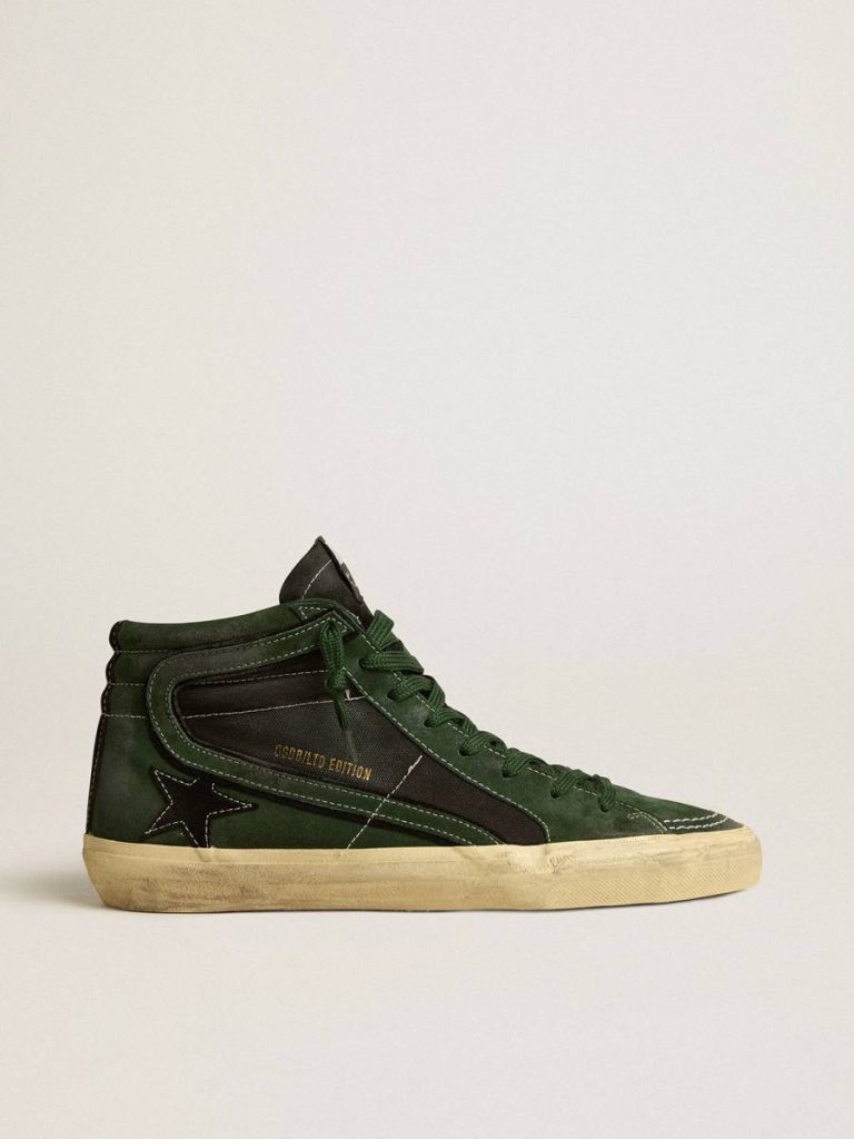 Slide Men Golden Goose Slide Ltd In Green Suede And Black Canvas With Suede Star And Flash - 1