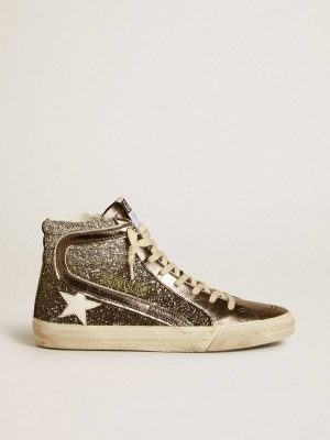Slide Women Women's Slide In Black And Silver Glitter With Leather Star And Metallic Flash Golden Goose - 1
