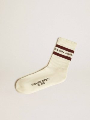 Socks Golden Goose Worn White Women Worn-White Socks With Distressed Details And Brown Stripes - 1