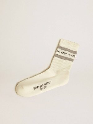 Socks White Golden Goose Women White Socks With Distressed Details And Gray Stripes - 1
