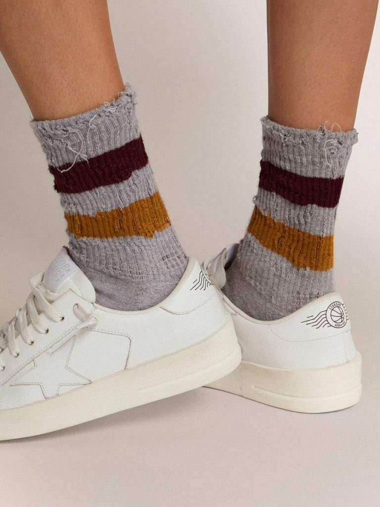 Socks Women Melange Grey Socks With Distressed Details And Two-Tone Stripes Golden Goose - 3