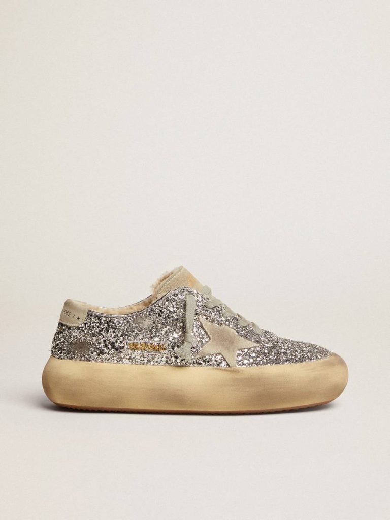 Space-Star Golden Goose Women Women's Space-Star Shoes In Silver Glitter With Shearling Lining - 1