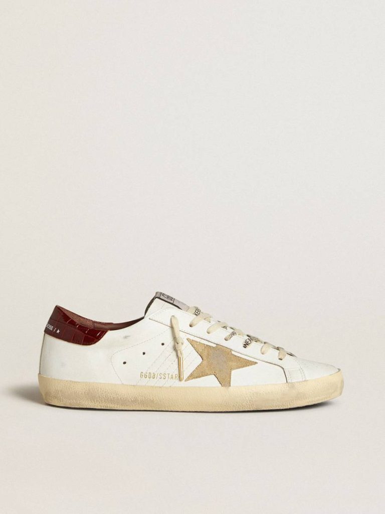 Super-Star Golden Goose Men's Super-Star With Sand Suede Star And Red Croc-Print Leather Heel Tab White Men - 1