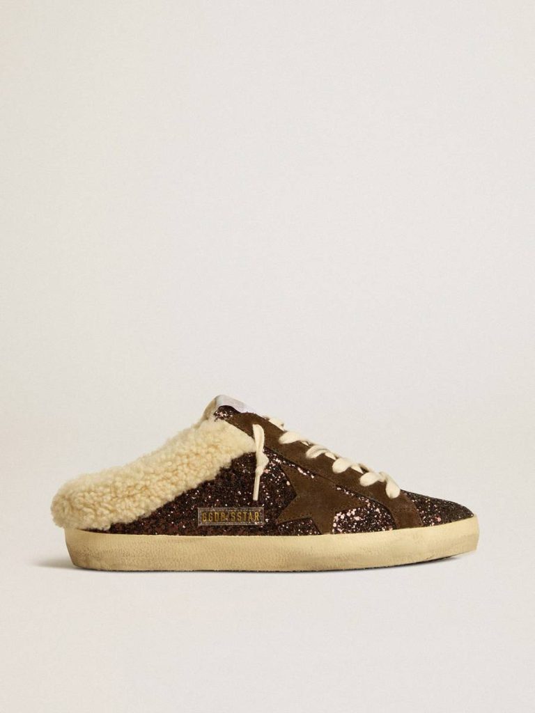 Super-Star Sabot Golden Goose Super-Star Sabots In Glitter With Brown Star And Shearling Lining Women - 1