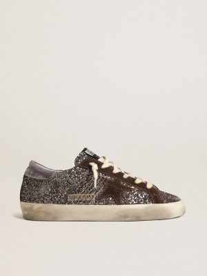 Super-Star Women Golden Goose Super-Star In Glitter With A Brown Star And Lilac Heel Tab - 1