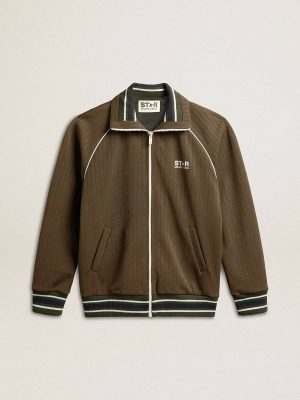 Sweatshirts Men Military Green Golden Goose Men’s Military Green Zipped Sweatshirt With White Logo - 1