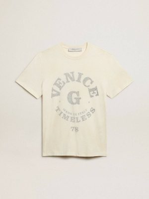 T-Shirts & Polo Shirts Aged White Men’s Cotton T-Shirt In Aged White With Faded Lettering Golden Goose Men - 1