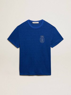 T-Shirts & Polo Shirts Golden Goose Men’s Blue-Colored Linen T-Shirt With Print On The Chest Blue Men - 1