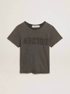 T-Shirts & Tops Women Golden Goose Anthracite Gray Distressed Slim-Fit T-Shirt In Anthracite Gray - 1