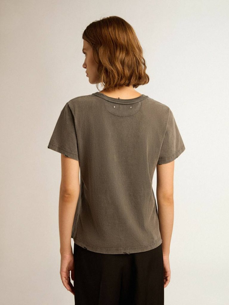 T-Shirts & Tops Women Golden Goose Anthracite Gray Distressed Slim-Fit T-Shirt In Anthracite Gray - 4