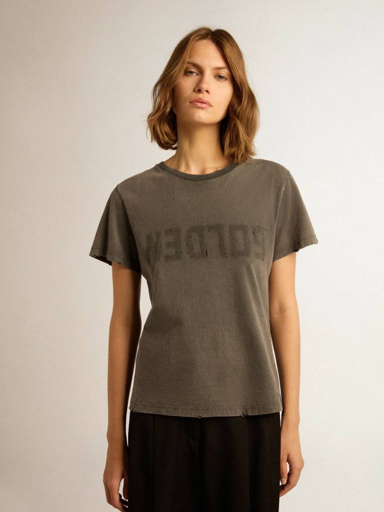 T-Shirts & Tops Women Golden Goose Anthracite Gray Distressed Slim-Fit T-Shirt In Anthracite Gray - 5