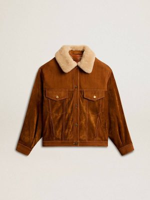 Tobacco Golden Goose Women's Jacket In Tobacco-Colored Split Leather With A Shearling Collar Women Coats & Jackets - 1