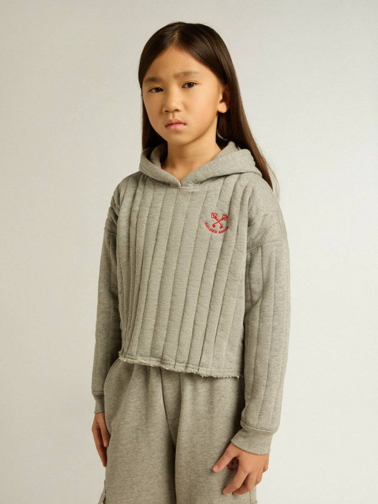 Topwear Selection (4-12 Years) Girls' Cropped Sweatshirt In Gray Melange With A Hood And Embroidery On The Front Kids Golden Goose Gray Melange - 2